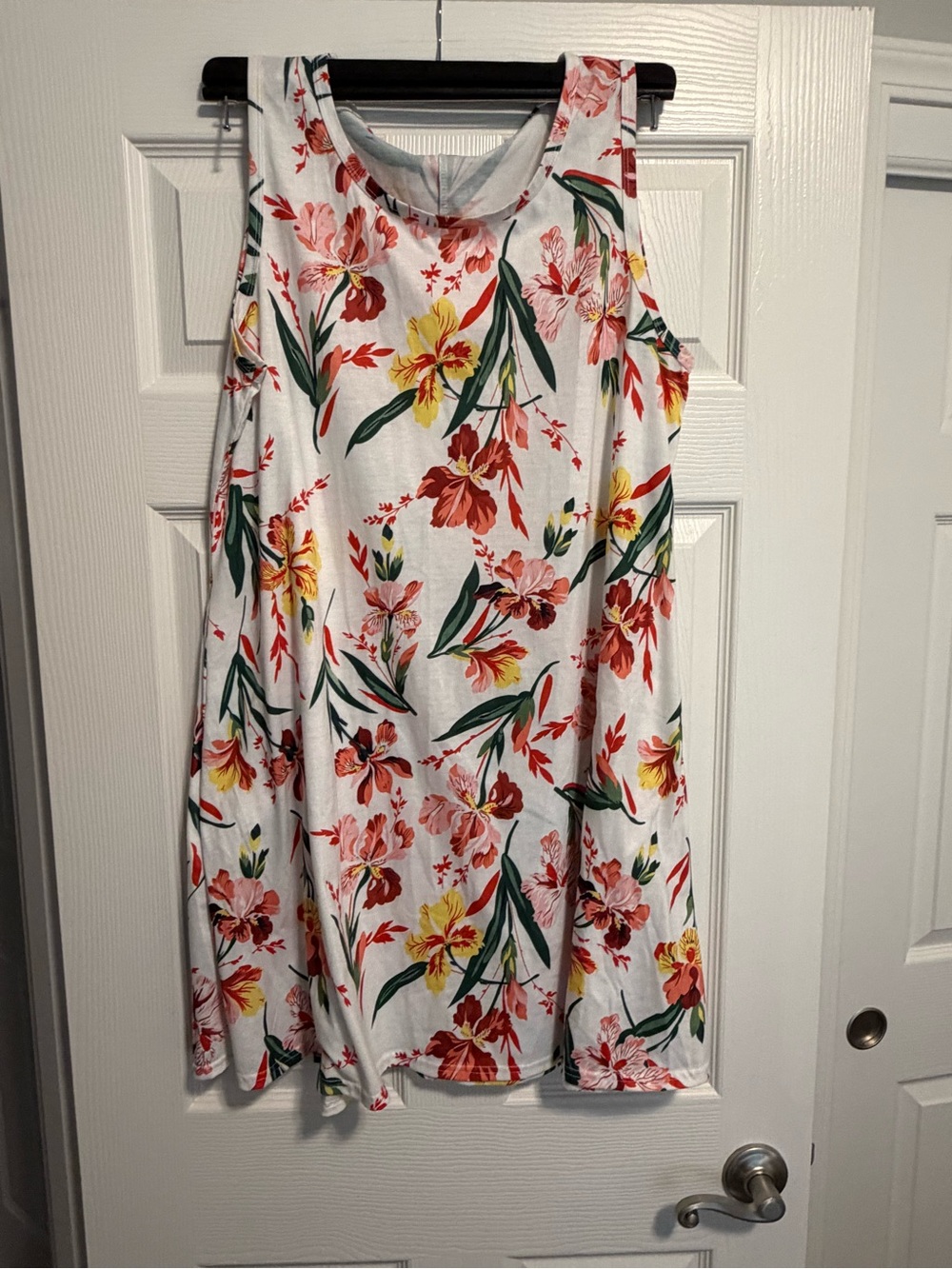 Floral Sleeveless Swing Dress - White with Red & Yellow Blooms